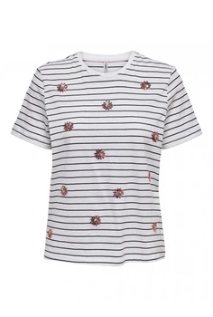 Футболка ONLY ONLKITA REG S/S LEFLEUR TOP BOX JRS XS Белый 15254498-Bright White-Stripes:BLACK + PRINT FLOWER