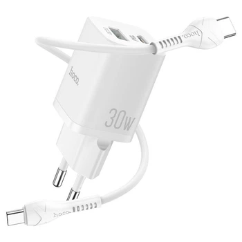 Сетевое зарядное устройство HOCO N13 |1USB/1Type-C, QC3.0/PD, 30W, 3A| адаптер с Type-C кабелем 1м. и быстрой зарядкой White (N13W)