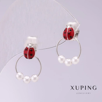 Серьги Xuping Божьи коровки красная эмаль с родиевым покрытием 18×11 мм, ida56982