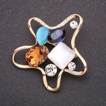Брошь «морская звезда» с разноцветными кристаллами 55×55 мм желтого металла, ida62016
