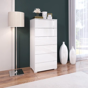 Комод в гостиную, детскую, прихожую, спальню из ДСП+МДФ 6Ш Hill K04 552х400х1178 мм нимфея альба/белый снег глянец Blonski