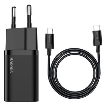 Мережевий зарядний пристрій BASEUS Type-C to Type-C cable Super Si Quick Charger 1Type-C, 3A/25W адаптер з кабелем Type-C 1м та швидкою зарядкою Black (TZCCSUP-L01)