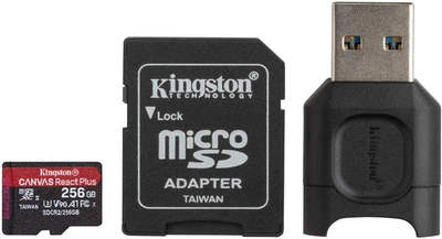 Карта памяти MicroSDXC 256GB UHS-II/U3 Class 10 Kingston Canvas React Plus R285/W165MB/s + SD-адаптер + USB-кардридер (MLPMR2/256GB)