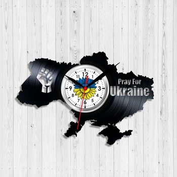Часы настенные Виниловая пластинкa Карта Украины Pray for Ukraine 30 см Черный 1419/2