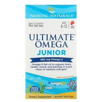 Омега для дітей віком від 6 до 12 років, Ultimate Omega Junior, Nordic Naturals, зі смаком полуниці, 680 мг, 90 м'яких желатинових міні-капсул.