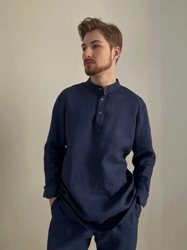 Лляна чоловіча сорочка темно-синя XL - linen island (132762)