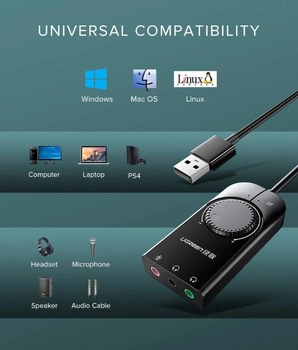 Звуковая карта Ugreen USB 2.0 внешняя стерео с регулятором громкости 100CM (50599)