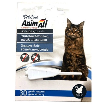 Краплі AnimAll VetLine Спот він проти бліх, вошей, волосоїдів для котів від 4 до 10 кг, 1 мл