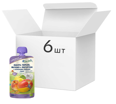 Упаковка пюре Fleur Alpine Organic Манго, персик, яблоко с йогуртом и цельными злаками с 6 месяцев 6 шт х 120 г (5024688101144)