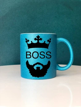 Чашка глітерна синя "BOSS" + коробка