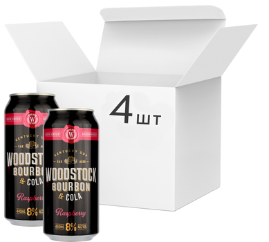 Упаковка слабоалкогольного напою WOODSTOK Bourbon&Cola Raspberry 8% 0.44 л х 4 шт ( 9421030105489)