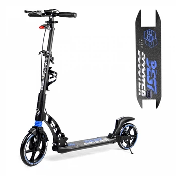 Дитячий двоколісний самокат Best Scooter 90166-B зі складною конструкцією, двома амортизаторами, ручними дисковими гальмами і фарою, Синій
