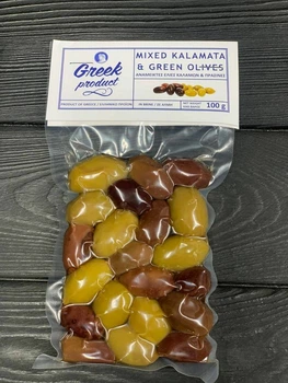 Оливки Greek Product ассорти каламата и зеленые с косточкой бочковые 100г