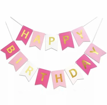 Флажки Бумажные Happy Birthday Розово-Белые
