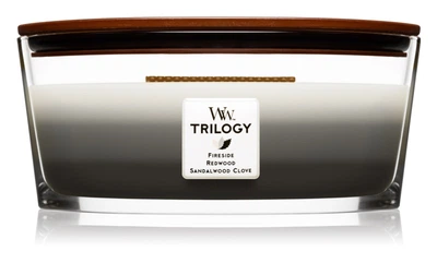 Woodwick Trilogy Warm Woods aроматична свічка з дерев'яним гнітом (hearthwick) (453,6 грFireside + Redwood + Sandal Clove Wood)