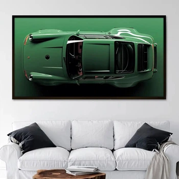 Картина Холстович з машиною Green Porsche 911 30x60 см. Картина з авто зелений порш для офісу, вітальні, спальні, інтер'єру. У чорній рамці