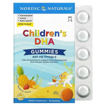 Детские жевательные мармеладки с ДГК, Nordic Naturals, для детей 2–6 лет, тропический пунш, 600 мг, 30 жевательных таблеток