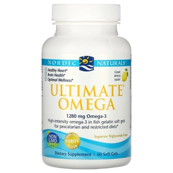 Омега-3 со вкусом лимона, Nordic Naturals, Ultimate Omega, 1280 мг, 60 мягких желатиновых капсул