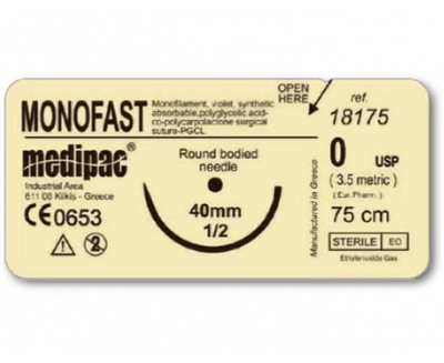 Шовный материал МОНОФАСТ (MONOFAST), рассасывающийся, монофиламентный, обратно-режущая игла (4/0, игла 12 мм, 3/8, Medipac, шовный материал), 4410-1273