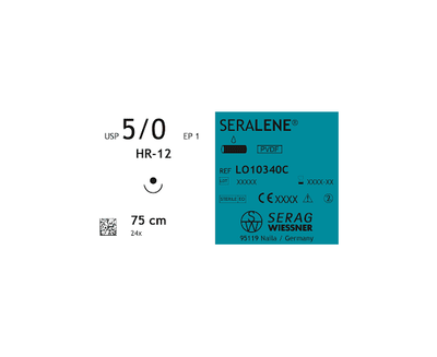 SERALENE шовний матеріал монофіламент синій голка 1 шт. (6/0, нитка 75 см, 2 колючі голки 12 мм, 1/2 кола, Serag-wiessner, шовний матеріал), 2510-2199