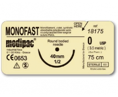 Шовний матеріал МОНОФАСТ (MONOFAST), що розсмоктується, монофіламентний, голка зворотно-ріжуча (5/0, голка 12 мм, 3/8, Medipac, шовний матеріал), 9910-1273