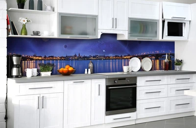 Кухонный фартук на стену Ночной город у воды (наклейка для кухни ПВХ пленка скинали) космос Архитектура Синий 60х200 см