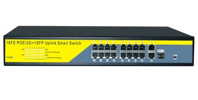 POE комутатор Merlion 16 POE 10/100 + 1 Single Fiber Tx 1310nm 20km + 2 RJ45 10/100/1000 + вбудований блок живлення 52V 4.8A BT-D6018FE