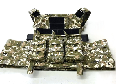 Тактичний розвантажувальний жилет-плитоноска з трьома підсумками під магазини АК піксельний камуфляж