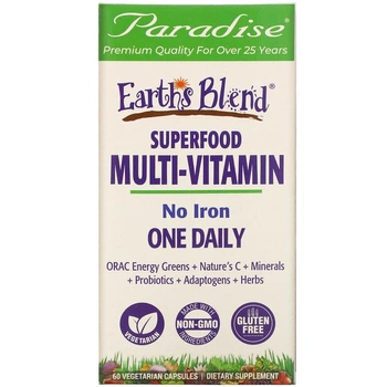 Щоденні мультивітаміни із суперпродуктів, Paradise Herbs, Earth's Blend, без заліза, 60 вегетаріанських капсул.