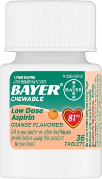 Аспирин Bayer, сердечний, Chewable Low Dose Aspirin, Value Pack, вкус апельсина, 81 мг, 36 штук