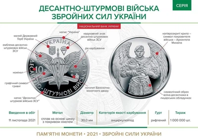 Монета України Десантно-штурмові війська Збройних Сил України 10 гривень 2021 рік, з ролу в капсулі / Десант / Десантники