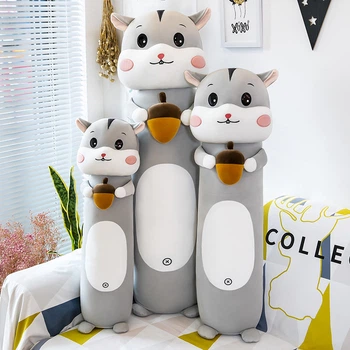 Мягкая игрушка подушка обнимашка Белка с желудем длинная серая (130 см) MNC krd0306