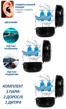 Беруші Універсальні VelaSport Комплект 3 пари (2 для дорослих, 1 дитячі) 32дБ Багаторазові затички у вуха Беруші для плавання, сну, роботи, подорожі, дайвінгу Сині