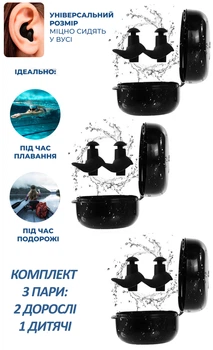 Беруши Универсальные VelaSport Комплект 3 пары (2 для взрослых, 1 детские) 32дБ Многоразовые затычки в уши Беруши для плавания, сна, работы, путешествия, дайвинга Черные