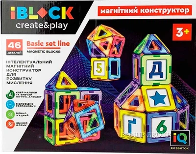 Детский магнитный конструктор буквы IBLOCK 46 деталей наклейки для изучения букв цифр фигур 225150270