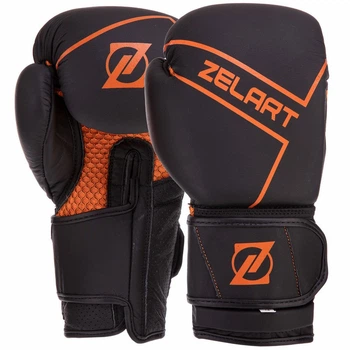 Рукавички для боксу шкіряні на липучці Zelart 3149 Black-Orange 10 унцій