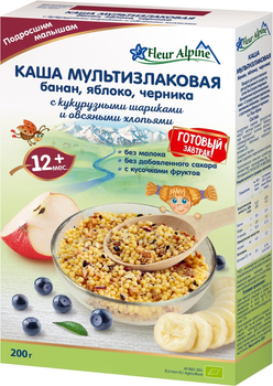 Безмолочна Мультизлакова органічна каша Fleur Alpine з бананом, зі шматочками яблука і чорниці 200 г (9010004508182)