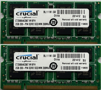 Оперативная память Micron SoDimm 4Gb (2*2Gb) DDR2 667MHz PC2-5300 CL5 (CT25664AC667) Б\у
