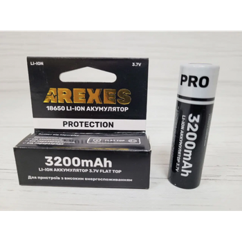 Литий-ионный аккумулятор Arexes 18650 Li-Ion 3200 mAh, 3.7V для приборов с высоким энергопотреблением защита Чёрный