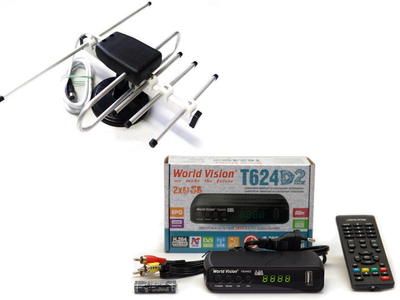 Комплект Т2 (тюнер/ресивер World Vision WV Т624D2 + Антенна для Т2 Комнатная Волна-2 с тв-кабелем)