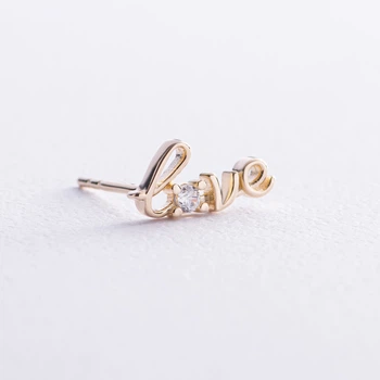 Золотая моносерьга "Love" с фианитом с07922 Онікс