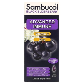 Сироп із чорної бузини, підтримка імунітету, вітамін C + цинк, натуральні ягоди, Sambucol, 120 мл