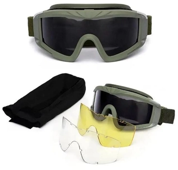 Окуляри тактичні захисні маска для Армії ЗСУ Attack 3 скла в комплекті колір олива