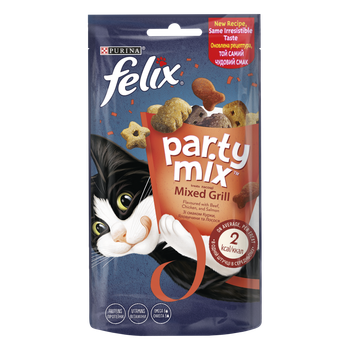 Упаковка лакомств для котов Purina Felix Party Mix Гриль Микс со вкусом курицы, говядины и лосося 8 шт по 60 г (7613287631411)