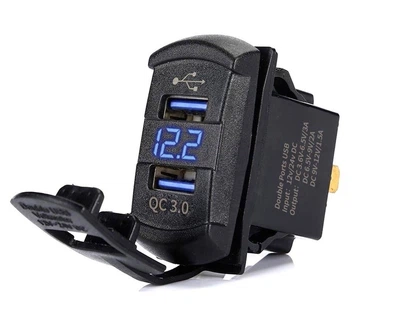 Автомобильная USB зарядка QC 3.0 + вольтметр в место штатной кнопки, заглушки Blue