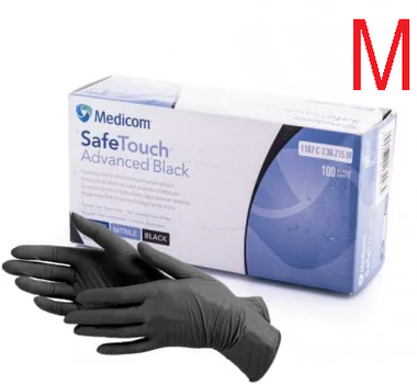 Перчатки нитриловые неопудренные чёрные, М (100 шт/уп) Medicom 3.6г.