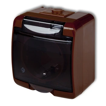 Розетка одинарная IP54 с з/к Karlik 4GHE-1sd 16А Коричневая с крышкой прозрачной Schuko наружная (внешняя)