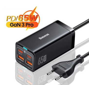 Блок живлення Baseus GaN3 Pro 65W (2xUSB, 2xType-C) Quick Сharge для MacBook/Asus/Lenovo/HP/Google/Huawei/Samsung + кабель USB-C 100W black