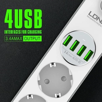 Сетевой фильтр-удлинитель Ldnio SE4432 (4 розетки, 4USB, 2м, 2500W, евро вилка, 3.4A, Сечение 3х0,75мм) - Белый