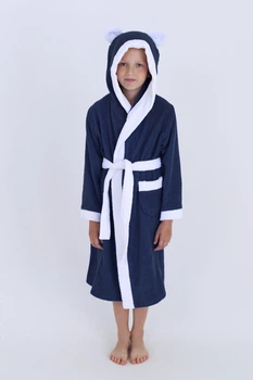 Махровий дитячий халат IDEAL TEXTILE для хлопчика з капюшоном, 380 г/м2 темно-синій+білий на 7 років (128 – 134 см)